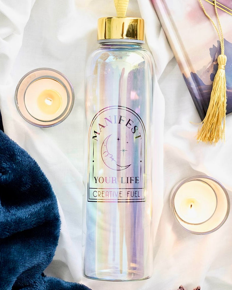 Botella de Cristal Iridiscente Manifiesta tu vida.