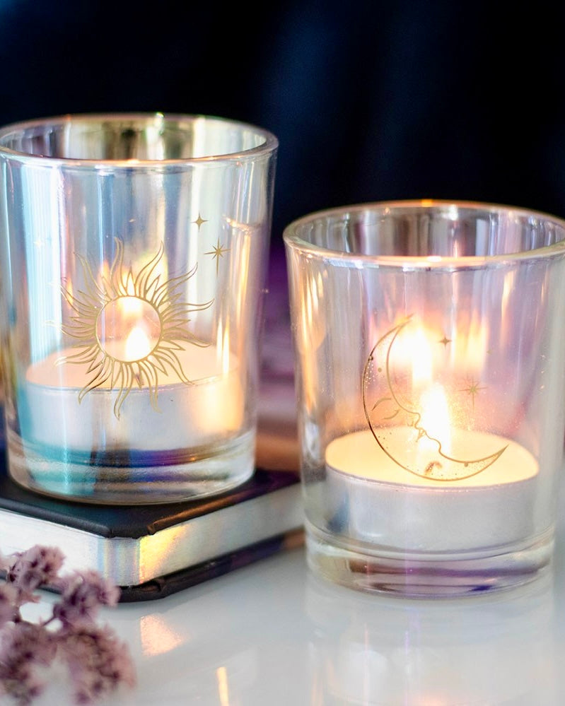 Set de 2 Portavelas Iridiscentes Sol y Luna