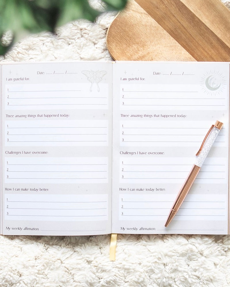 Journal Reflexión y Agradecimiento Polilla Lunar con Bolígrafo de Cuarzo Cristal