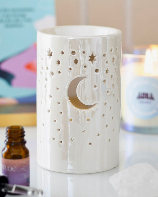 Quemador Luna AURA Blanco | Luz, aroma y magia en tu altar.